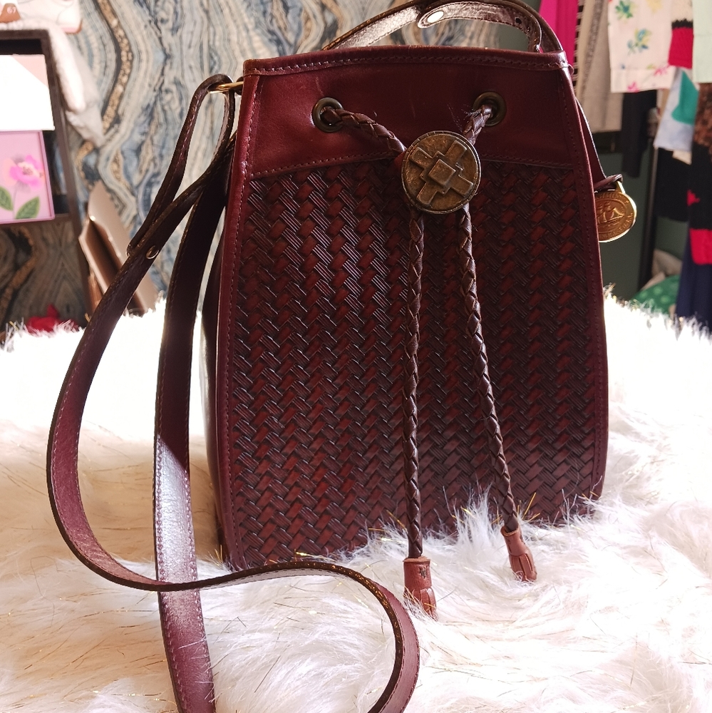 Brahmin Woven Leather Bucket Bag in Burgundy - Picture 3 of 14
